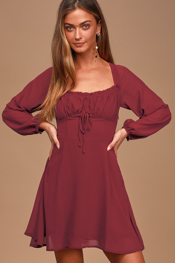 Cute Wine Red Dress - Long Sleeve Mini ...